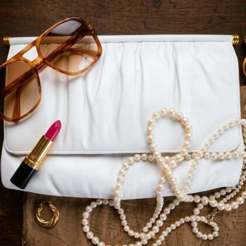 Vintage Mardane New York White Leather Pleated Evening Clutch Bag Gold Trim